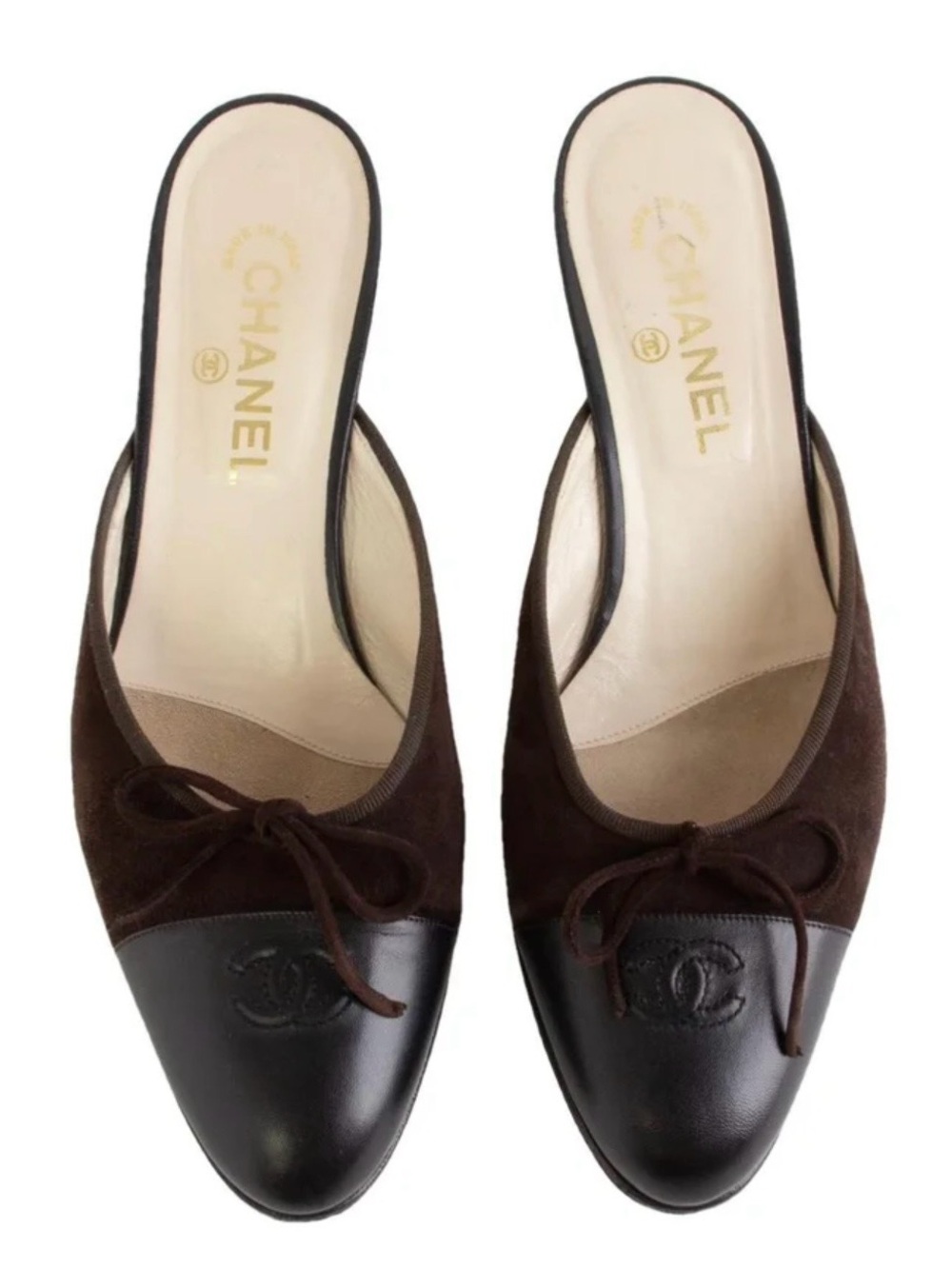 CHANEL Brown Suede & Dark Brown Leather Bow-Front Mules